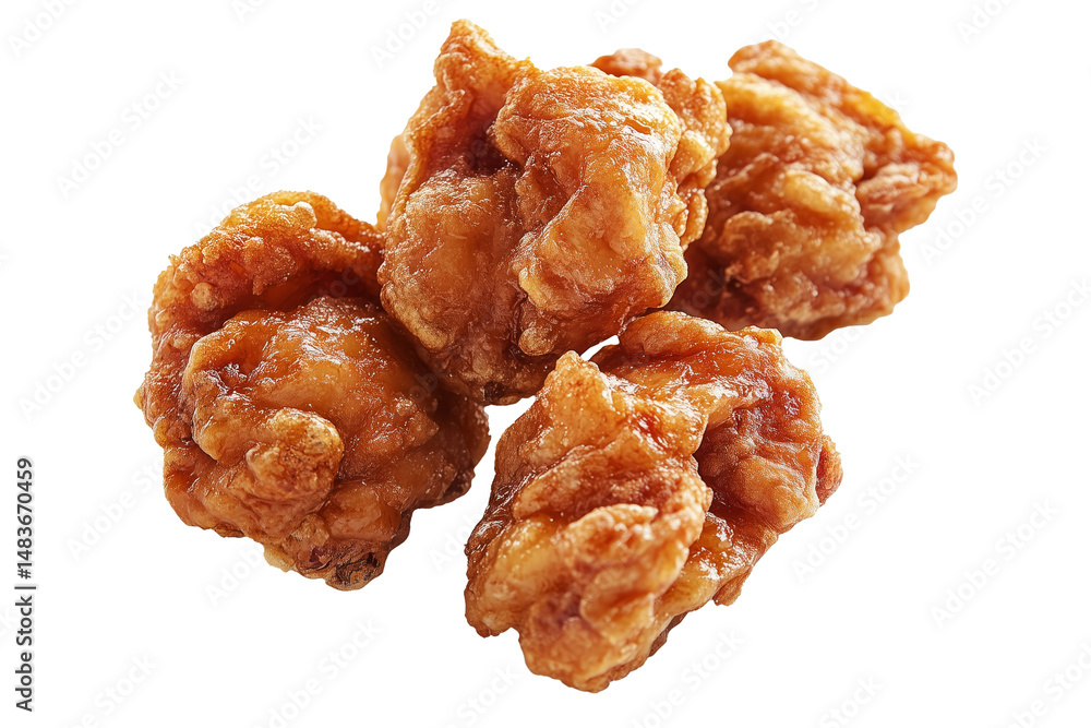 Crispy glazed fried chicken Karaage nuggets isolated on white transparent background. Concept of Asian cuisine and Japan. Crispy glazed fried chicken Karaage nuggets isolated on white transparent background. Concept of Asian cuisine and Japan.