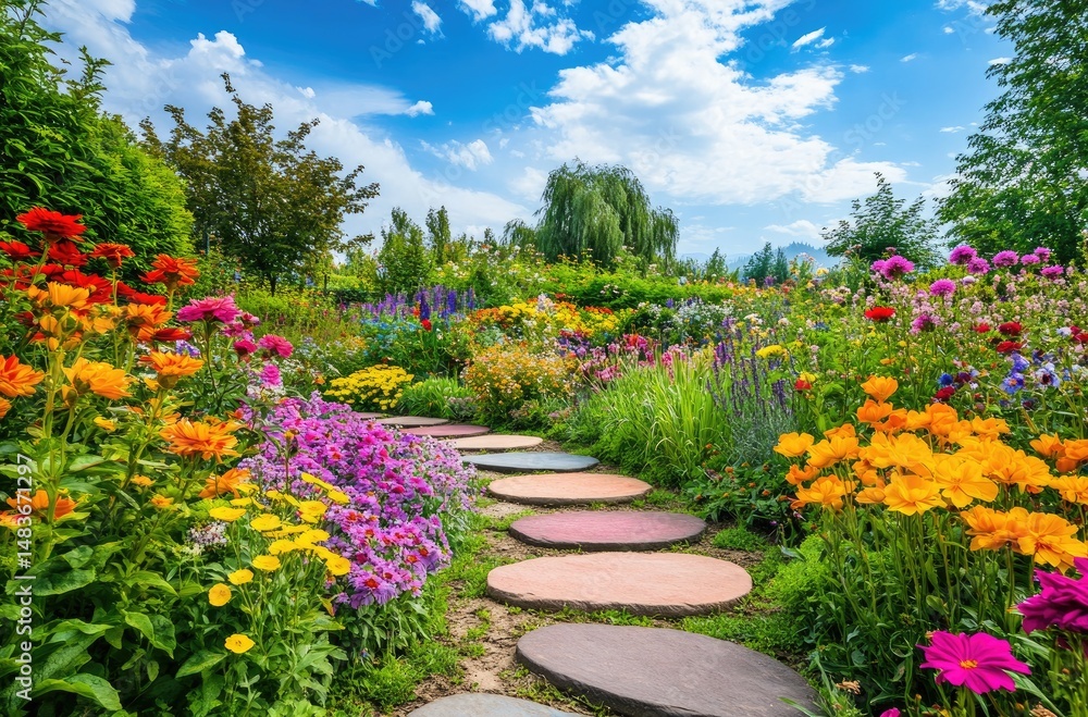 Fototapeta premium Colorful flower garden pathway under a vibrant blue sky.