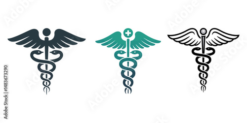 Caduceus, Emergency Services Star With Rod Of Aesculapius Illustration - VECTOR, Caduceus Symbol Black Silhouette Isolated On White, Health care caduceus medical symbol, A linear icon of caduceus.