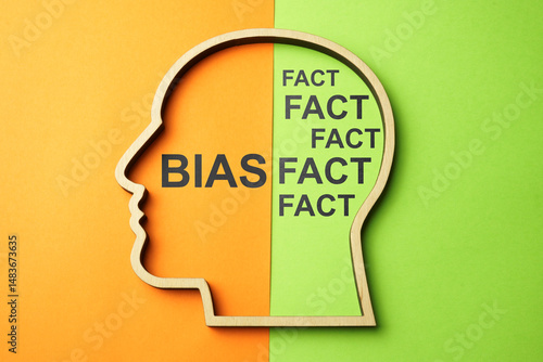 Head outline with words bias and fact.