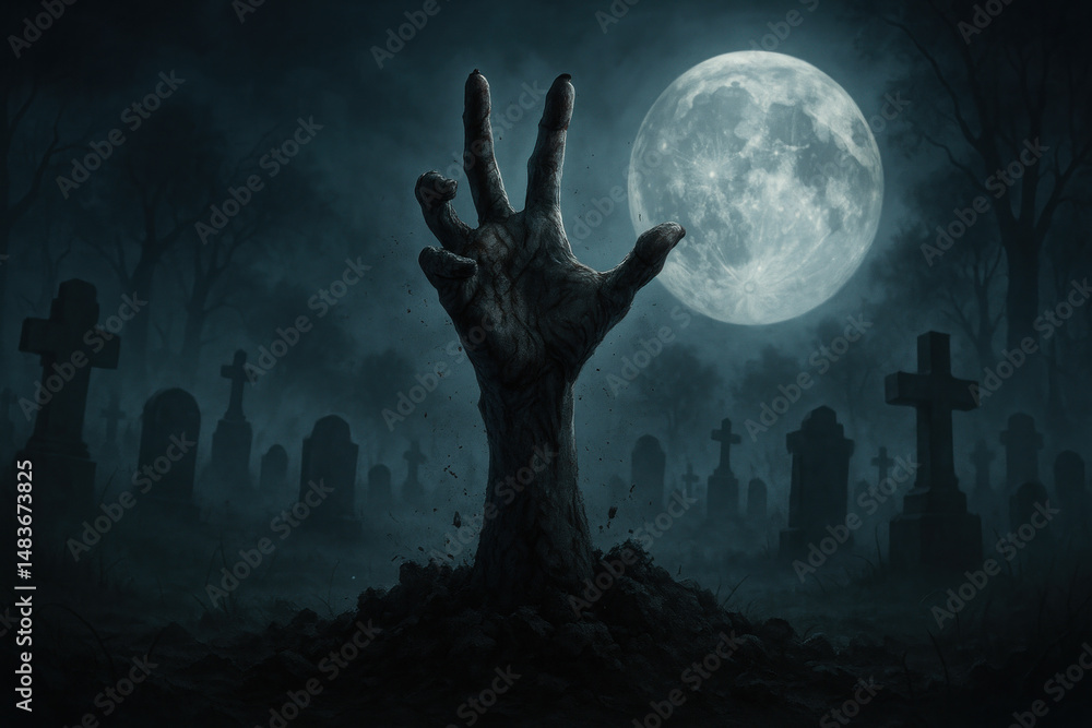 Zombie hand emerging from ground at night Zombie hand emerging from ground at night