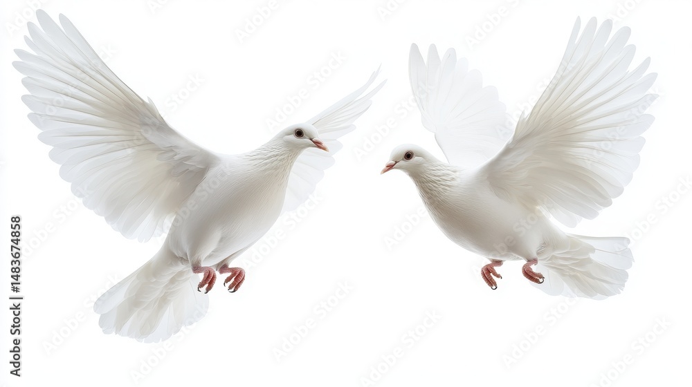 Fototapeta premium Pair of Free-Flying White Doves Gracefully Soaring Against a Pure White Backdrop