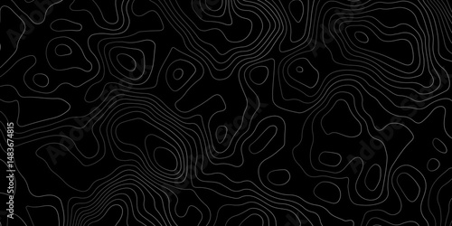 Black background topography contour map with black curve lines. luxury topographic wavy pattern and geographic grid map patterns, topography line map. Vintage outdoors style