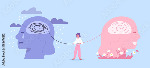 Woman working on her mental health by clearing and managing her thinking. Concept of Positive thinking and attitude, Optimistic mindset, self acceptance, Mental well-being. Flat vector illustration.