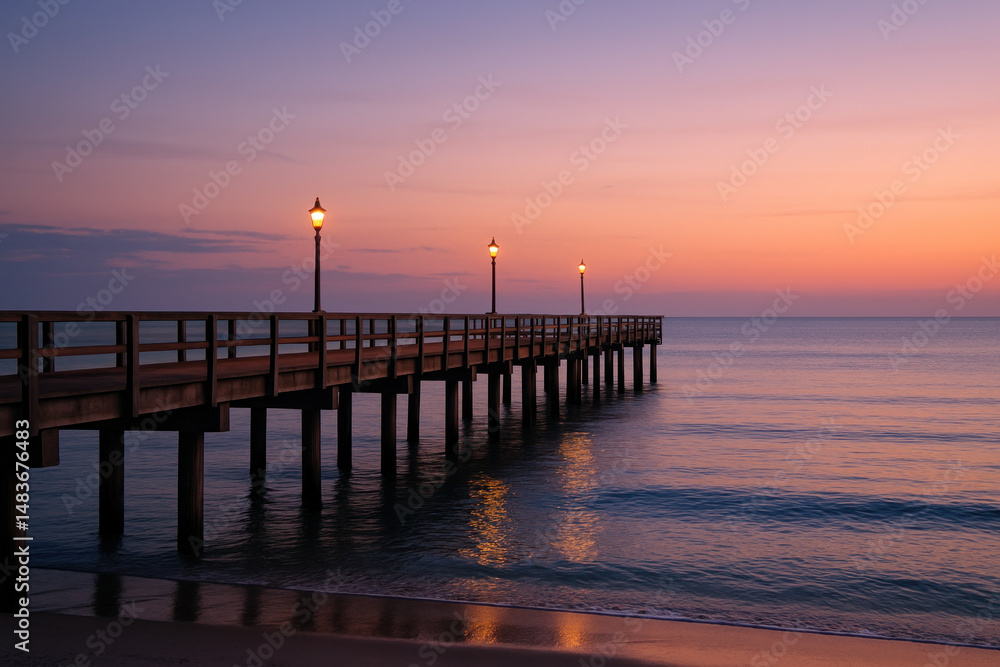 Fototapeta premium Sunset silhouettes a solitary figure walking on a pier.