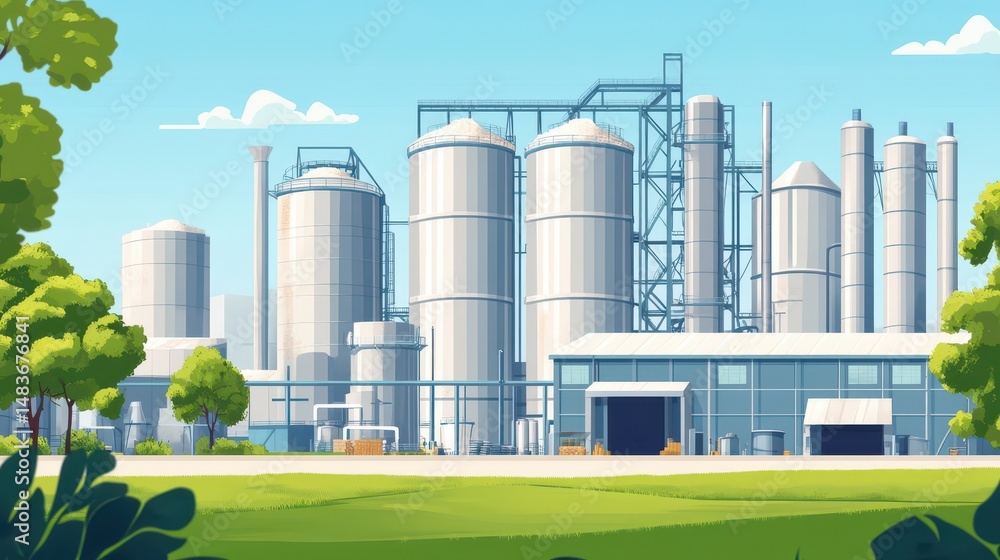 Fototapeta premium Exterior View of Agro-Processing Facility Featuring Silver Silos for Drying and Storing Grains and Cereals in Agricultural Production
