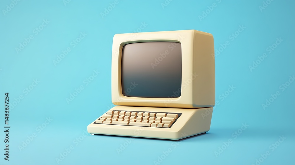3d rendered retro computer icon with vibrant blue plastic design and urban background picture 3d rendered retro computer icon with vibrant blue plastic design and urban background picture
