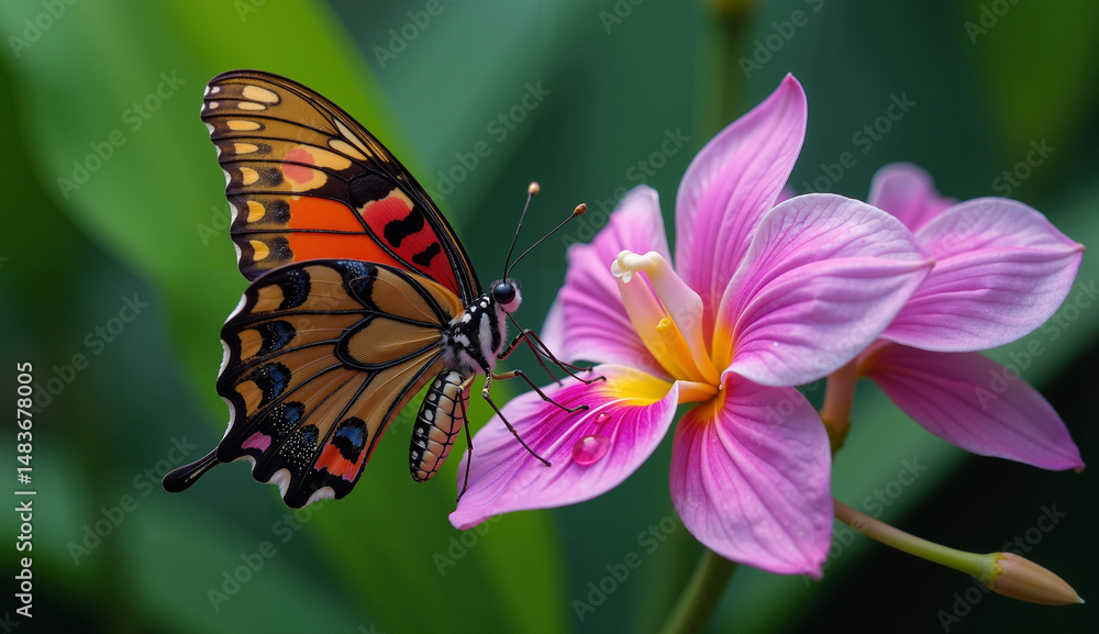 Naklejka premium Butterfly in a Serene Mood Resting on a Pink Flower Against a Lush Green Background