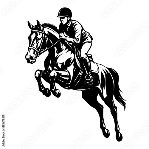 Equestrian rider jumping horse in black and white engraving style