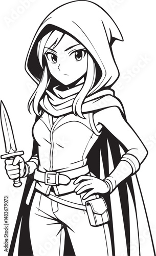female assassin in hood with dagger manga style fantasy stealth character line art illustration

