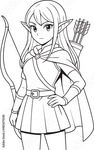 anime style girl archer with bow and quiver wearing cloak fantasy black and white line art

