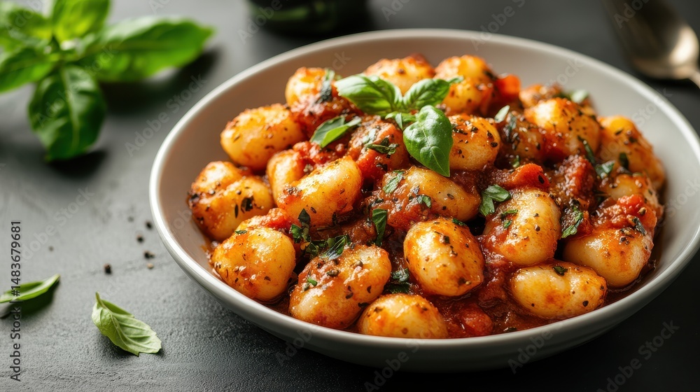 Close up view of potato gnocchi in a rich tomato sauce, garnished with fresh basil, on a gray plate against a dark background. Close up view of potato gnocchi in a rich tomato sauce, garnished with fresh basil, on a gray plate against a dark background.