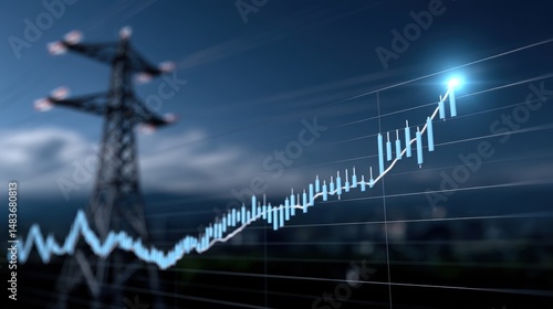 Rising energy stock market graph with electricity pylon in the background, indicating growth and investment in the power sector.