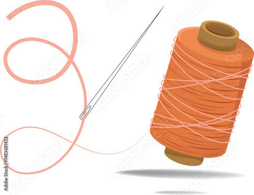 A white needle with a skein of orange thread