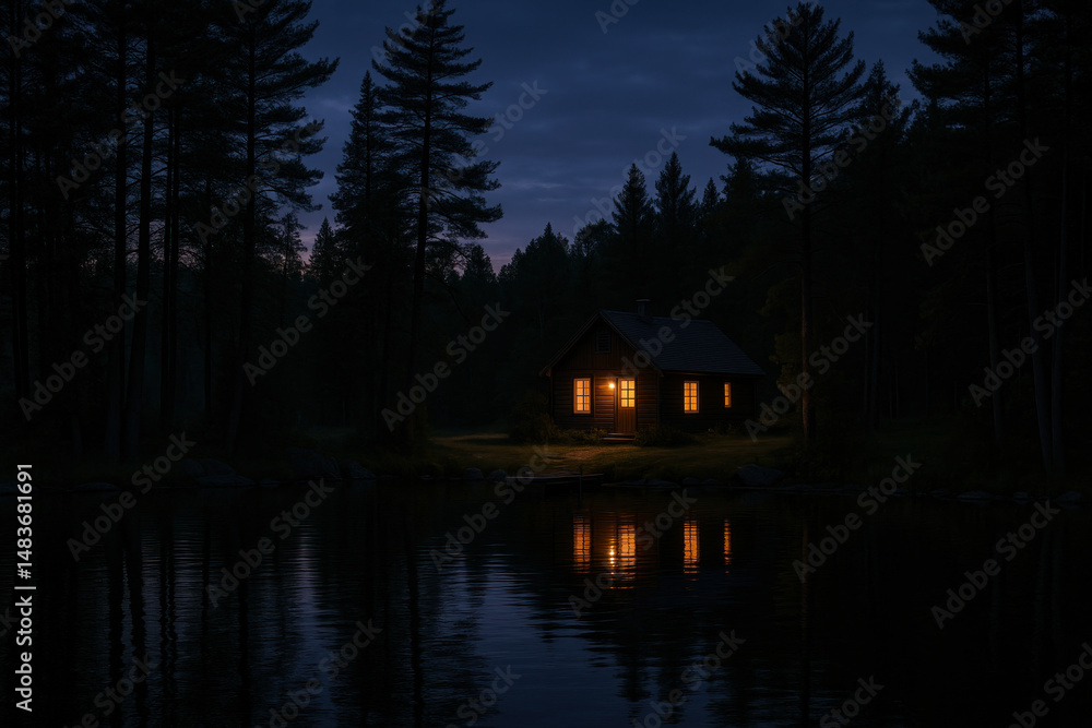 Fototapeta premium Cabin on lakeshore at night