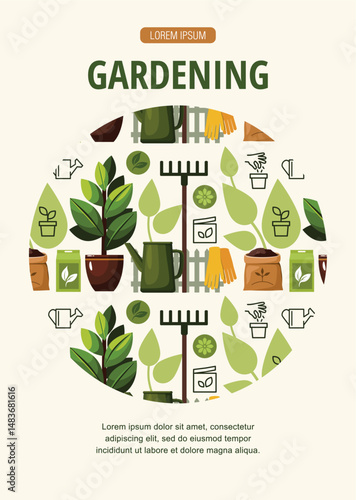 Gardening service template. Agricultural and farming services social media post lawn gardening. Beautiful circle background for the gardening concept
