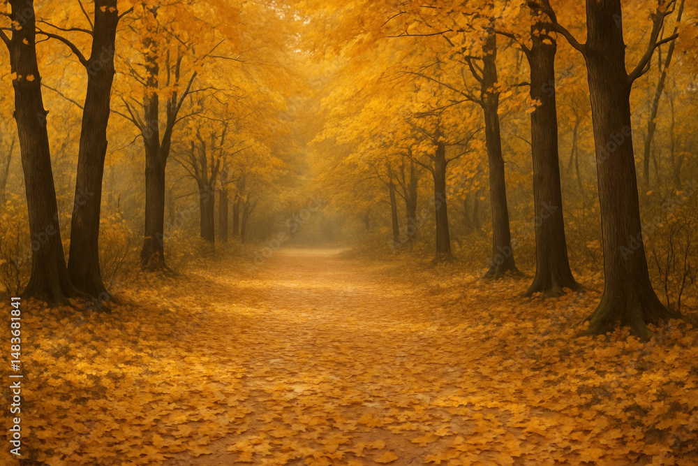 Fototapeta premium Path through forest with yellow leaves.