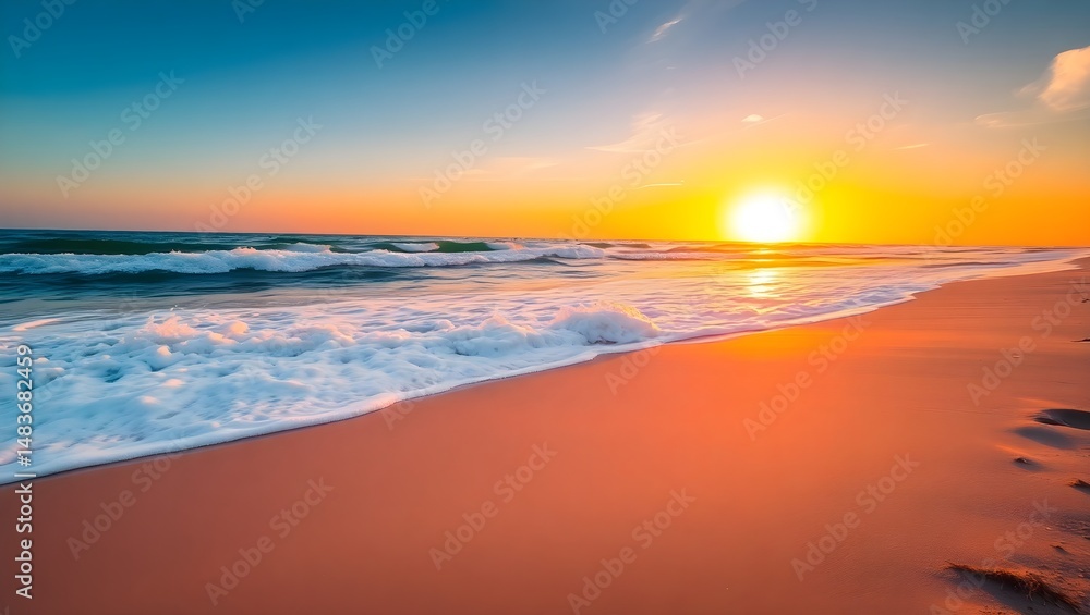 Obraz premium Golden Sunset on a Beach with Foamy Waves