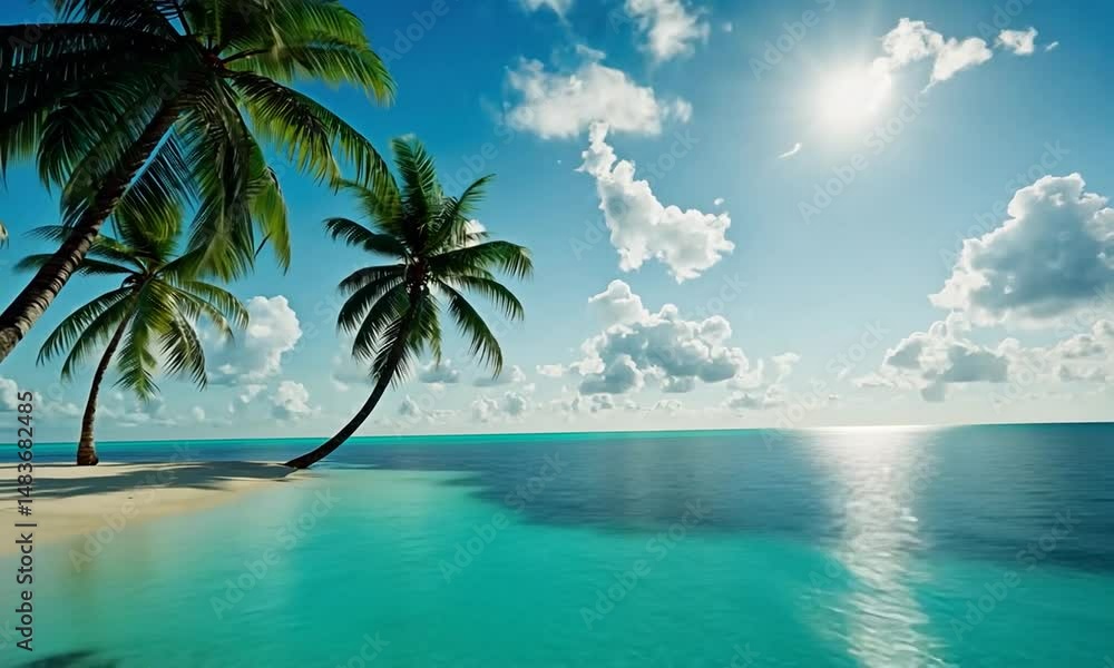 Serene tropical beach with palm trees under a bright sky and calm turquoise waters Serene tropical beach with palm trees under a bright sky and calm turquoise waters