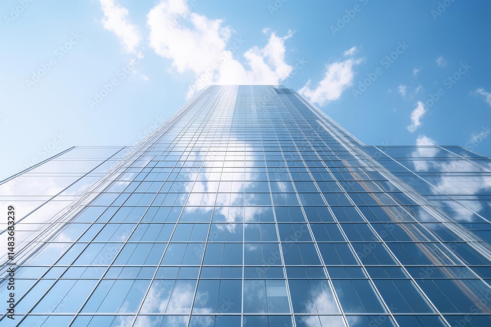A low-angle shot of a glass skyscraper reflecting the blue sky and white clouds, creating a geometric pattern. A low-angle shot of a glass skyscraper reflecting the blue sky and white clouds, creating a geometric pattern.