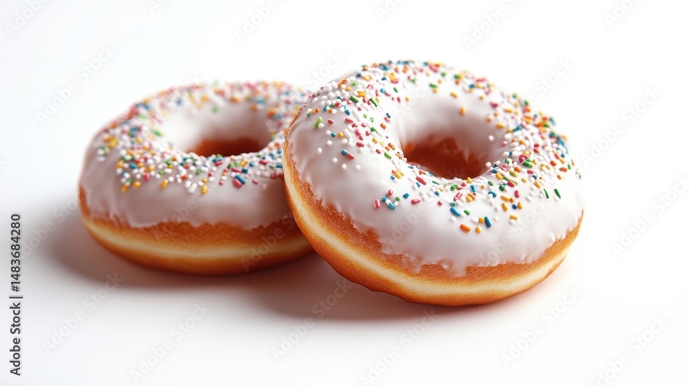 Two delicious donuts with white icing and rainbow sprinkles on a white background. Sweet treat, sugary snack, delightful dessert. Two delicious donuts with white icing and rainbow sprinkles on a white background. Sweet treat, sugary snack, delightful dessert.