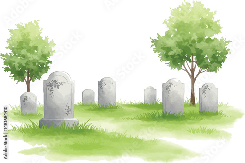 Watercolor Graveyard Scene with Tombstones