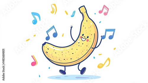 Animated banana character dancing to cheerful music.