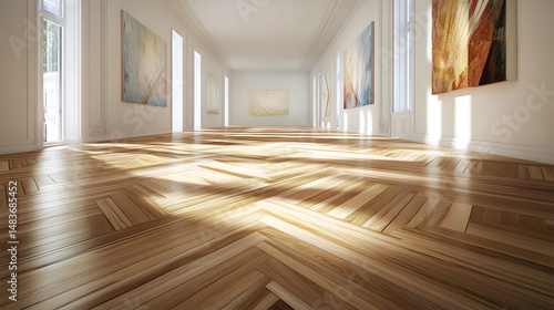 Gallery of light: A bright and spacious art gallery interior, filled with natural light, exhibiting various artworks. The sunlight dances across the wooden floor.