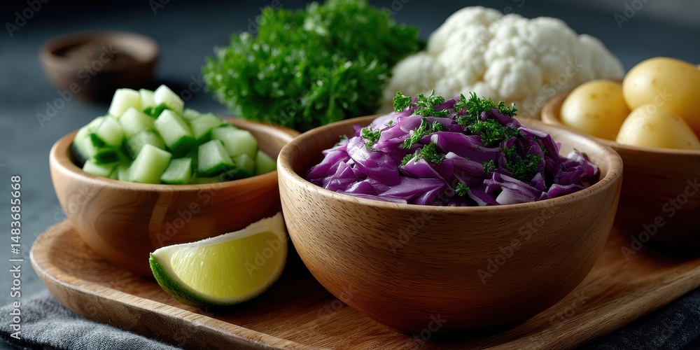 Wooden bowls of vibrant red cabbage, sliced cucumbers, cauliflower, and small potatoes, garnished with fresh herbs. Lime wedge adds a pop of color. Rustic wooden board setting. Wooden bowls of vibrant red cabbage, sliced cucumbers, cauliflower, and small potatoes, garnished with fresh herbs. Lime wedge adds a pop of color. Rustic wooden board setting.