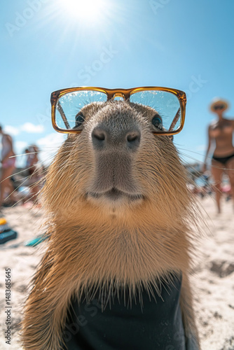A Capybara wearing a black t-shirt and glasses on the beach, with summer vibes and people in the background