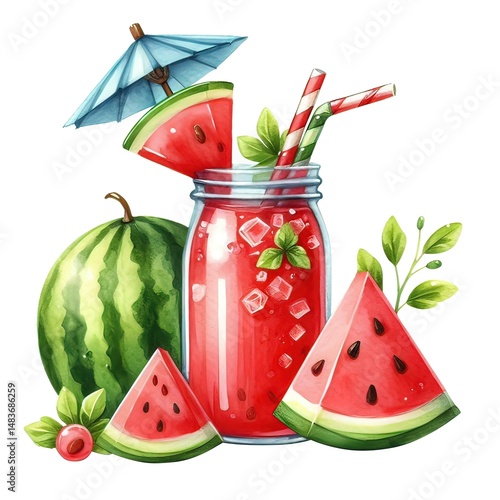 Watercolor watermelon refreshing drink in a jar on a white background.