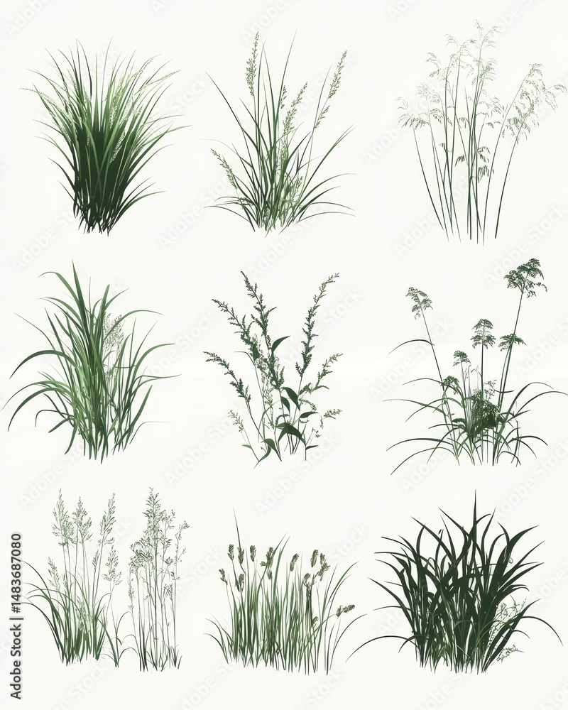 Naklejka premium Silhouetted Tufts of Marsh Grass: Diverse Elements in Natural Green Shades