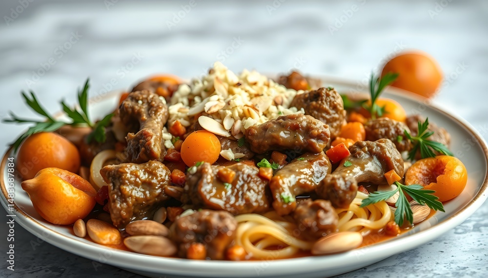a plate of pasta with meat and tomatoes a plate of pasta with meat and tomatoes