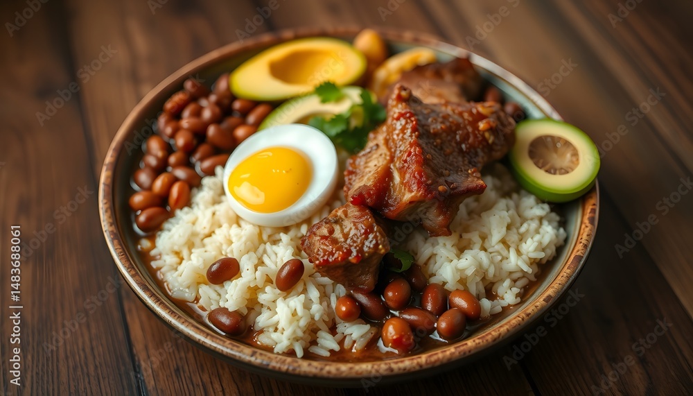 a bowl of food with rice, beans, and an egg a bowl of food with rice, beans, and an egg