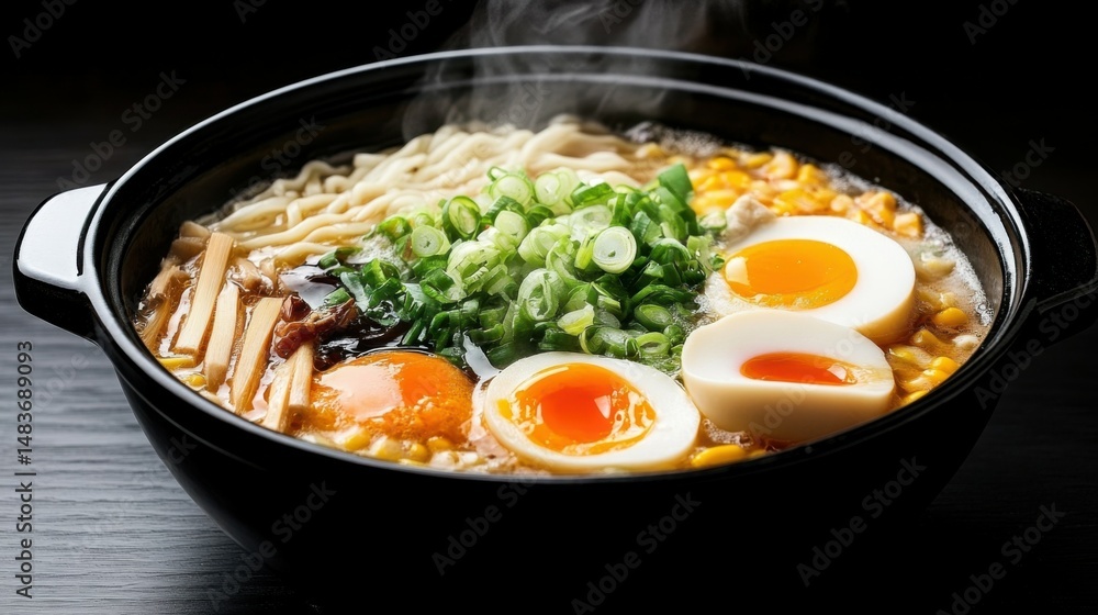 A steaming pot of traditional ramen surrounded by fresh ingredients A steaming pot of traditional ramen surrounded by fresh ingredients
