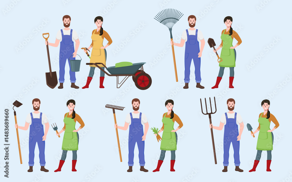 Cartoon Color Characters Man and Woman Farmers with Various Tools Farming and Agriculture Concept Flat Design Style . Vector illustration Cartoon Color Characters Man and Woman Farmers with Various Tools Farming and Agriculture Concept Flat Design Style . Vector illustration