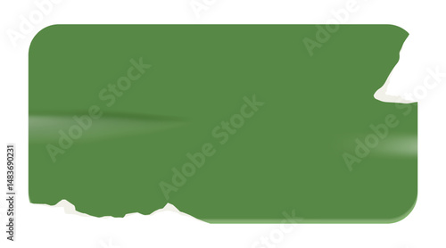 Retro green rectangle price tag sticker. Wrinkled badge with a ripped paper edge. Old distressed blank label with grunge texture for scrapbook designs.	