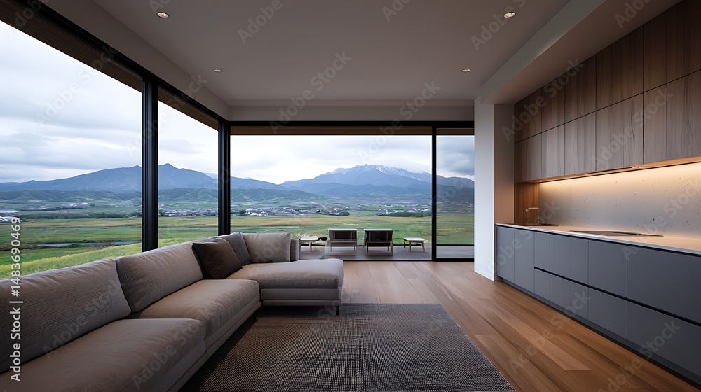 Fototapeta premium Modern Living Area with Panoramic View of Landscape and Minimalist Kitchen Design, Clean Lines.