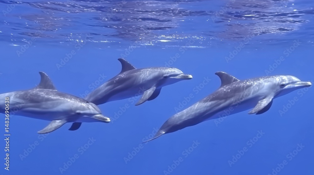 Fototapeta premium Pod of Three Dolphins Gracefully Swimming Together in Deep Blue Ocean Waters Exploration Aquatic Life