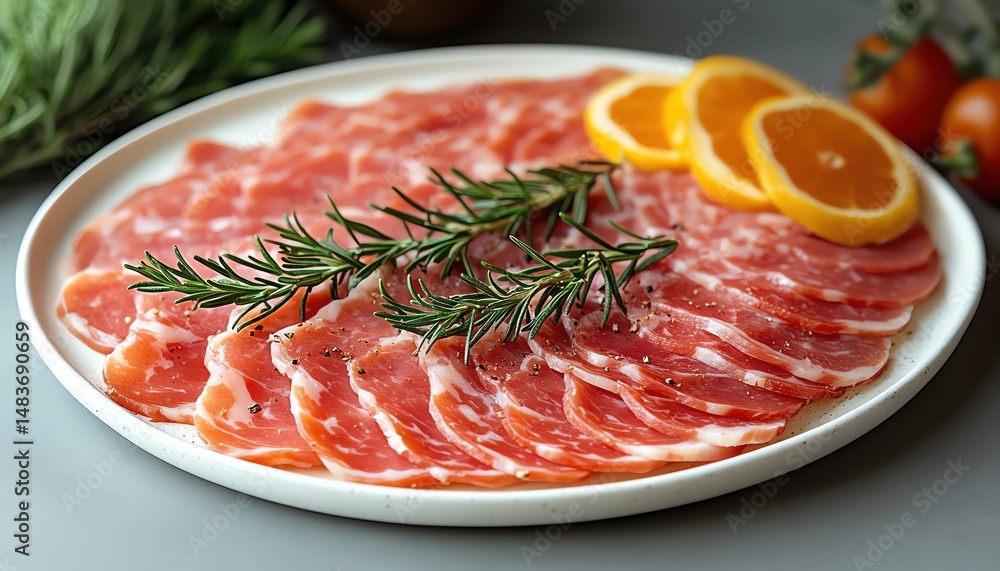 Freshly sliced ham on white plate frontal clean cold cut style deli setup with neutral light Freshly sliced ham on white plate frontal clean cold cut style deli setup with neutral light