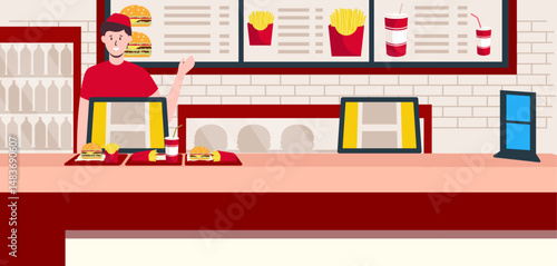 Cartoon Color Characters Fast Food Worker in Uniform and Restaurant Interior Inside Concept. Vector illustration