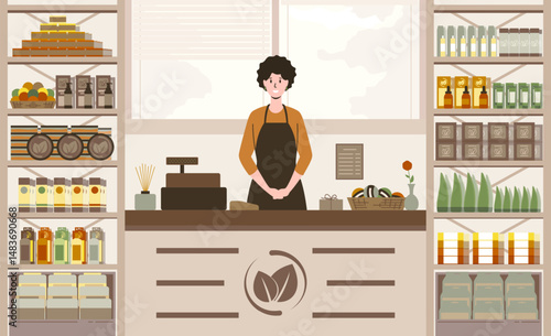 Cartoon Color Character Person Female Cashier and Cosmetic Store Stands Concept Flat Design Style. Vector illustration of Beauty Shop