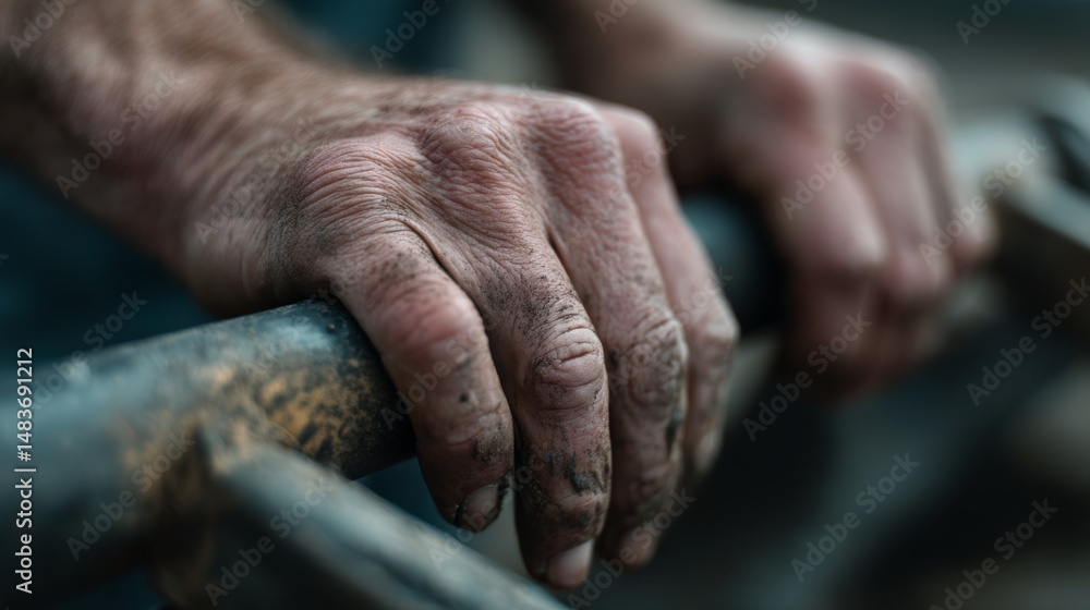 Fototapeta premium Weathered hands grip a rough, metal bar, showcasing the story of hard work etched in each line and grime-streaked crevice of the skin.