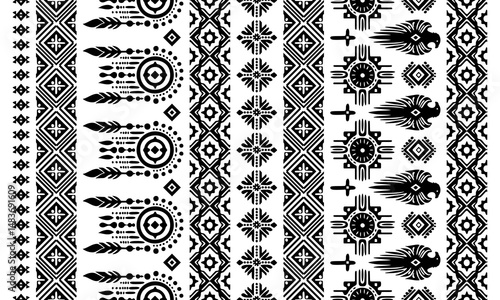 Southwest Aztec geometric Native American Mexican. Navajo tribal ethnic seamless pattern fabric, black and white design vector for textile printing 