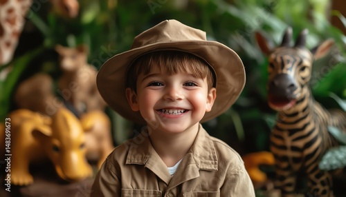 Fototapeta Naklejka Na Ścianę i Meble -  Smiling boy in zookeeper outfit wide view animal toys around jungle theme soft natural light cheerful