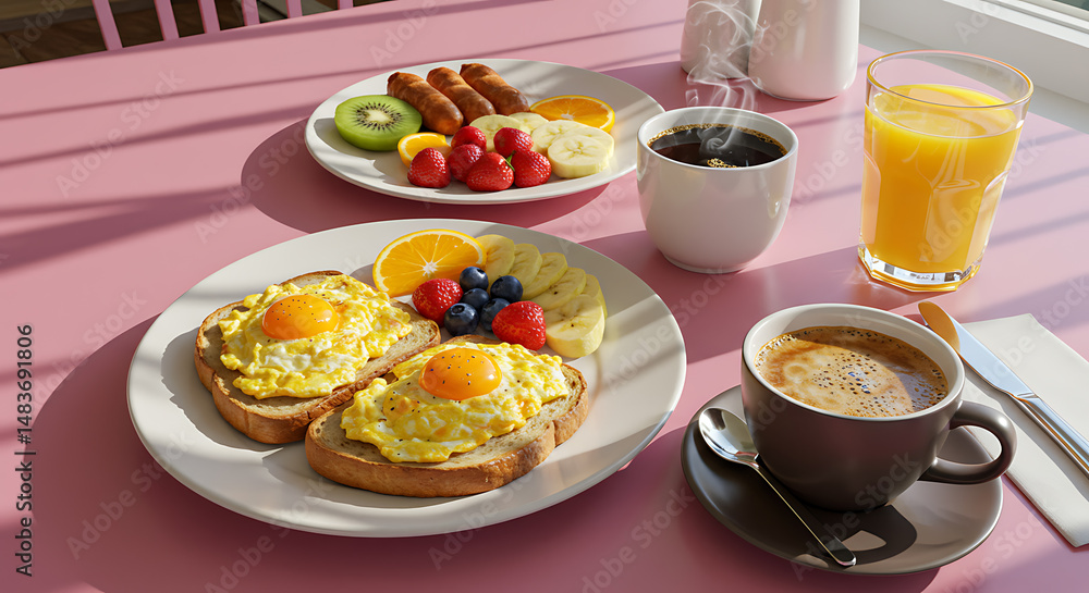 A vibrant breakfast spread featuring egg toast, fruit, sausages, juice, and coffee on a pink table. A vibrant breakfast spread featuring egg toast, fruit, sausages, juice, and coffee on a pink table.