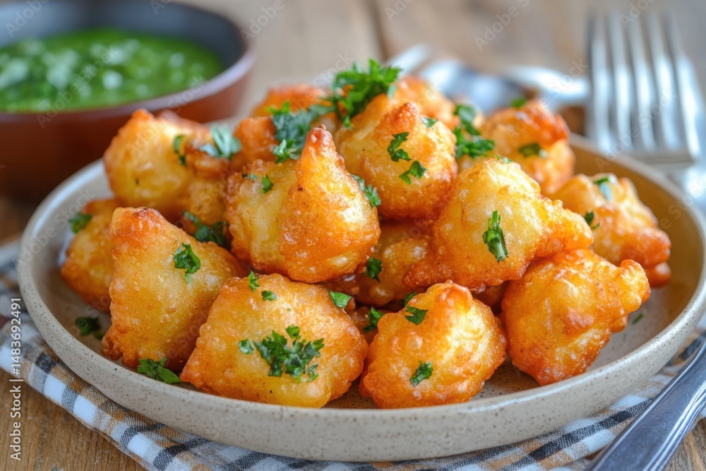 Plate of fried dumplings with green sauce Plate of fried dumplings with green sauce