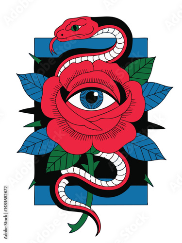 All Seeing Eye within a Crimson Rose and Black Snake Tattoo Design