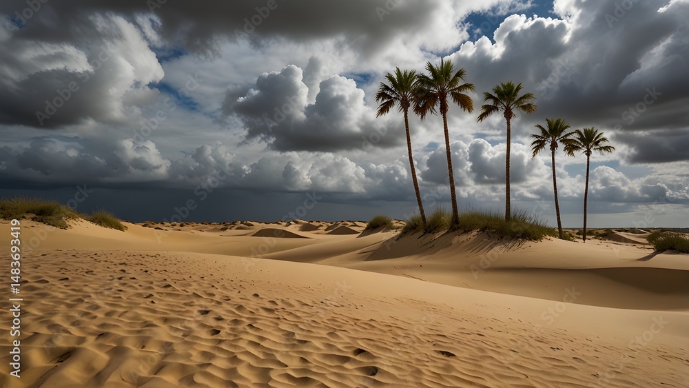 Fototapeta premium Dramatic desert landscape with palm trees under a stormy sky