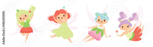 Cute Fairy and Pixie Character with Wings and Magic Wand Vector Set